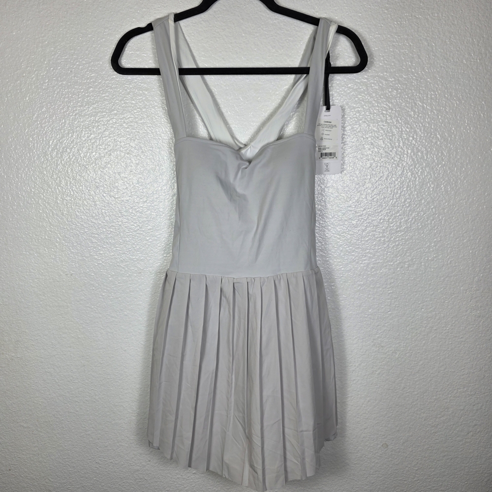 Varley Carina Dress Womens Large Gray Square Neck Pleated Tennis Active Skirt L